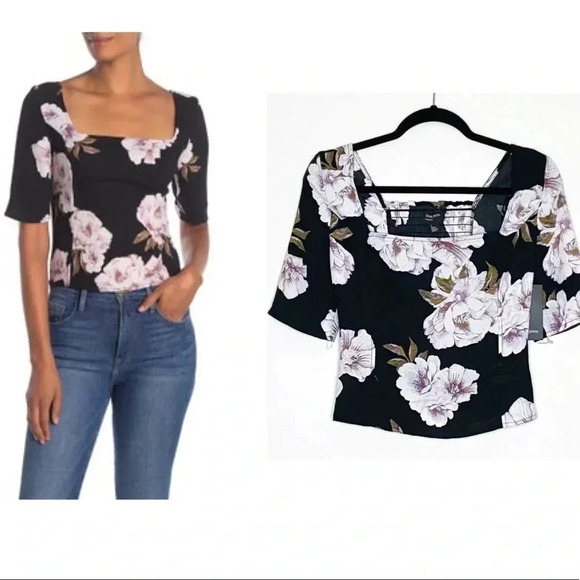 Free Press Floral Square Neck Elbow Crop Tee Shirt - Picture 1 of 5